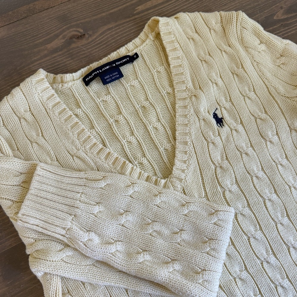 Ralph Lauren Sport Womens Medium Yellow Cable Knit V-Neck Long Sleeve Sweater